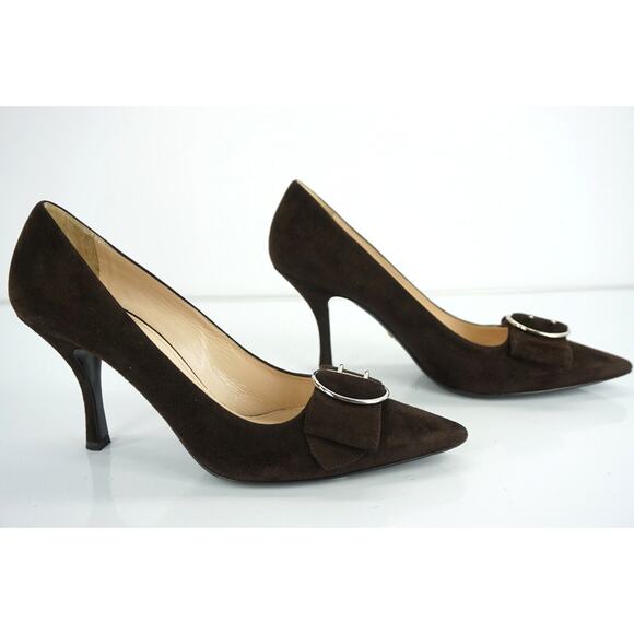 Prada Brown Suede Leather Pointy Bow Toe Heel Pumps Strap Bow - Picture 11 of 12
